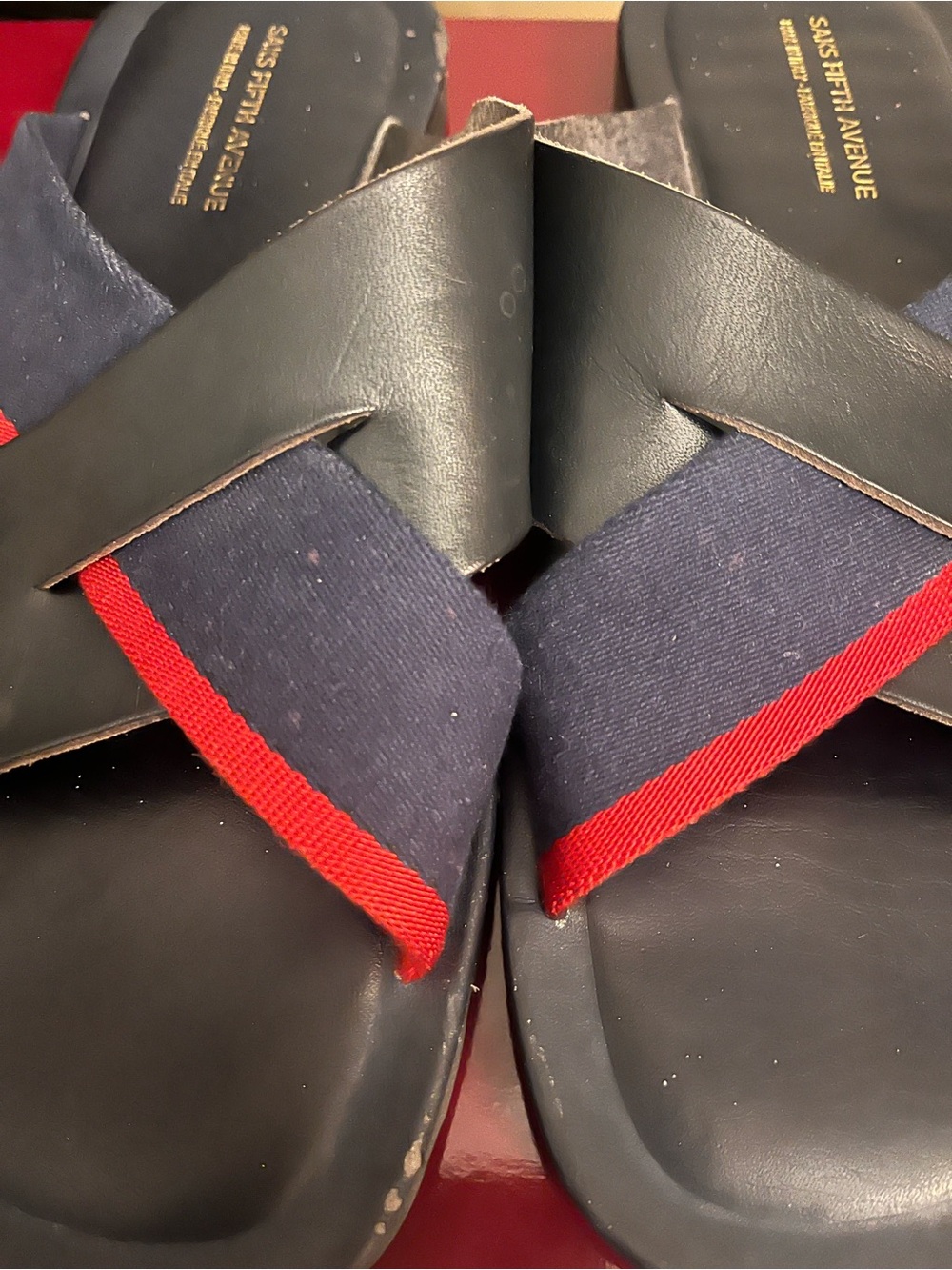 Saks Fifth Avenue Men’s Navy and Red Leather Cross-Strap Slides